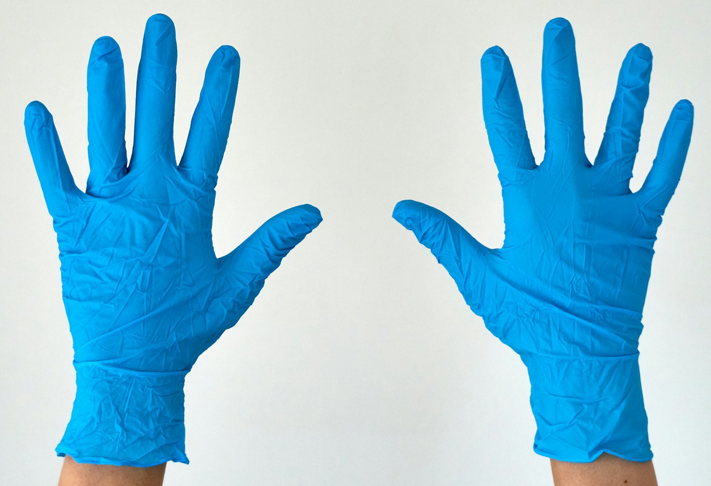 Two hands wearing blue disposable gloves against a white background.